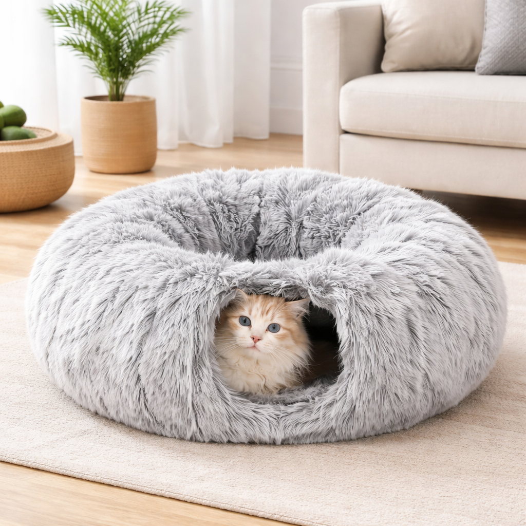 2-in-1 Plush Cat Tunnel Bed – Cozy Hideaway & Lounge