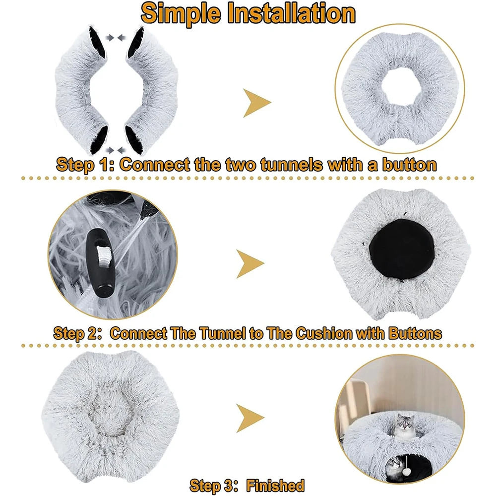 2-in-1 Plush Cat Tunnel Bed – Cozy Hideaway & Lounge