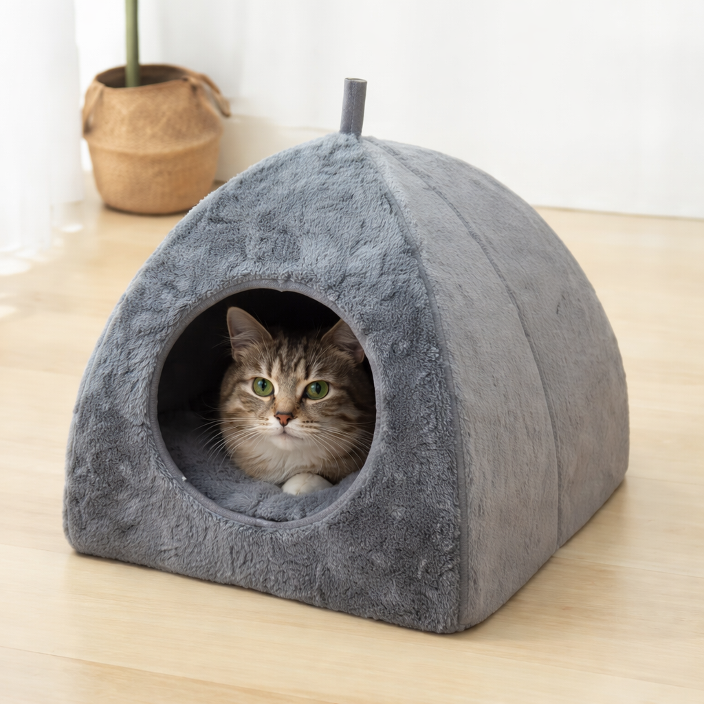 Triangle Cat Cave Bed – Warm Fleece-Lined Cat House